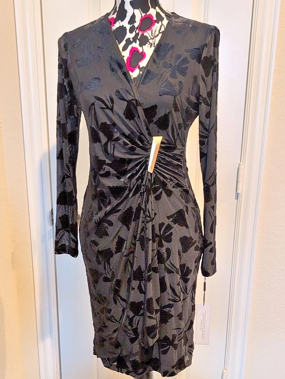 Calvin Klein Floral Ruched Midi Dress in Black Size 2 NWT